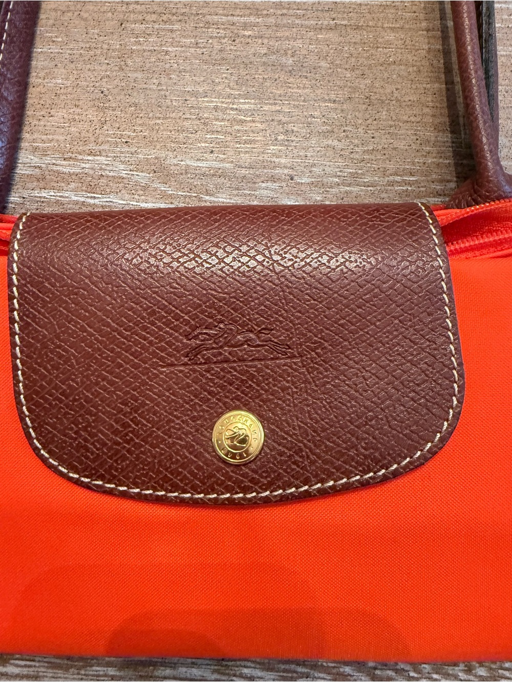 Longchamp Le Pliage Orange Nylon Brown Leather Tote Handbag 14x10x5 - Picture 2 of 10